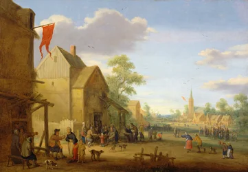 Ein Dorftreffen mit Figuren, die sich auf der Straße versammeln, 1624